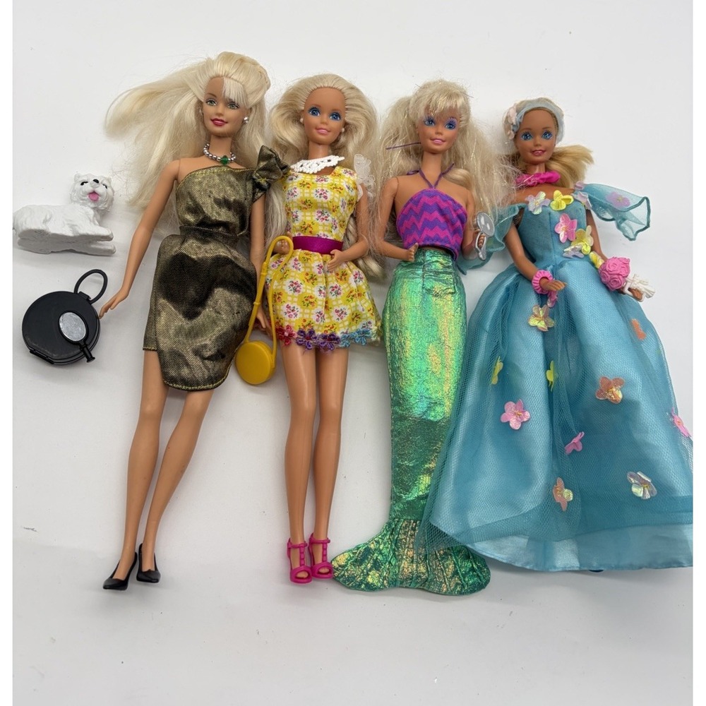 4 Vtg Mattel Barbie Dolls Set Fully Dressed With Accessories Mix-with Shoes Pet